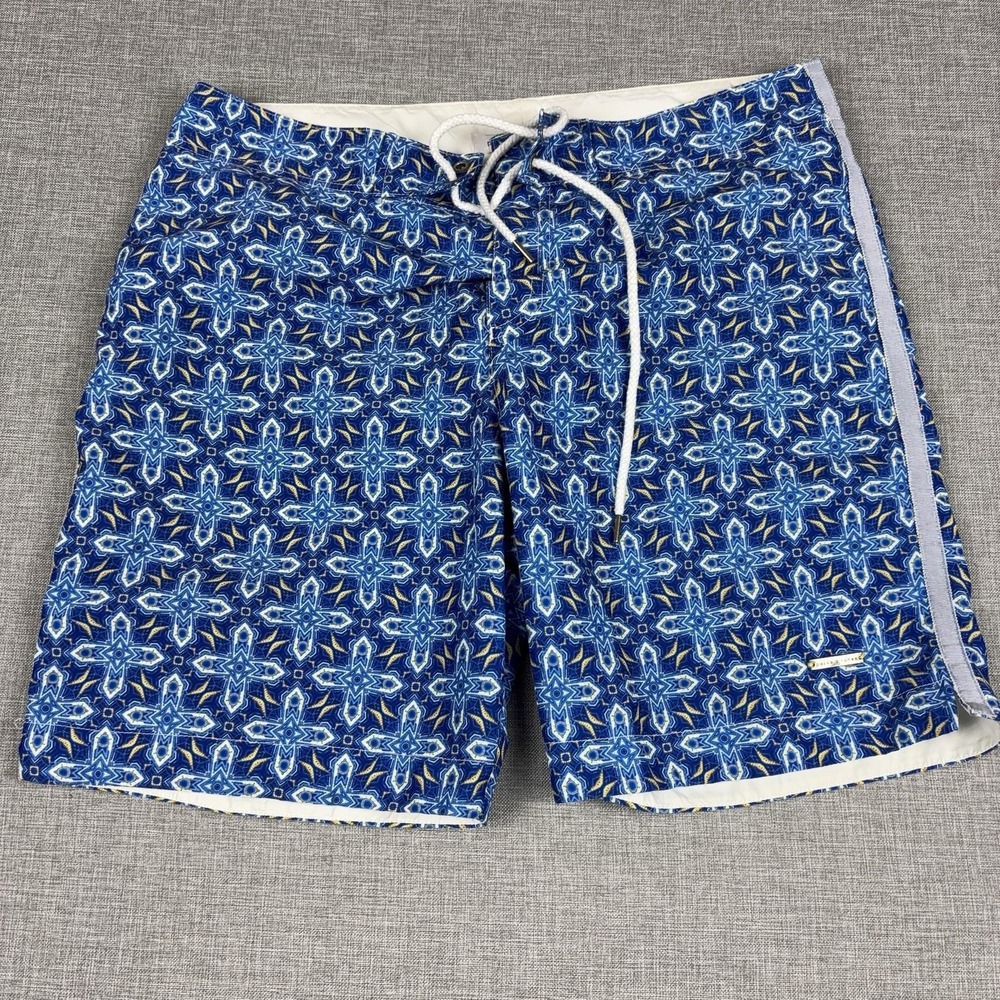 Parke & Ronen Shorts Mens 32 Blue Geometric Swim Trunks Lined Drawstring Print